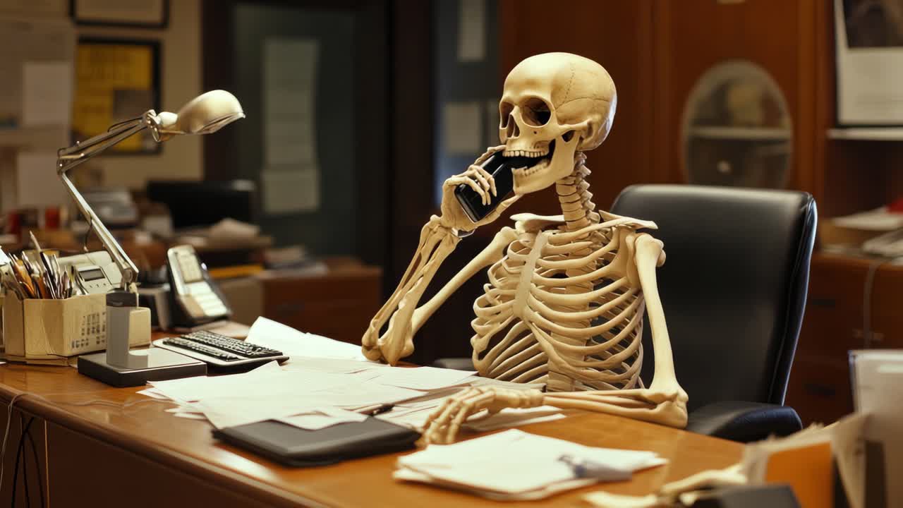 A humorous video concept featuring a skeleton at a cluttered office desk, captured from a side
