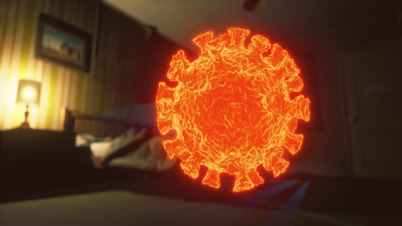 Bright red virus symbol glowing in a dark bedroom environment at night