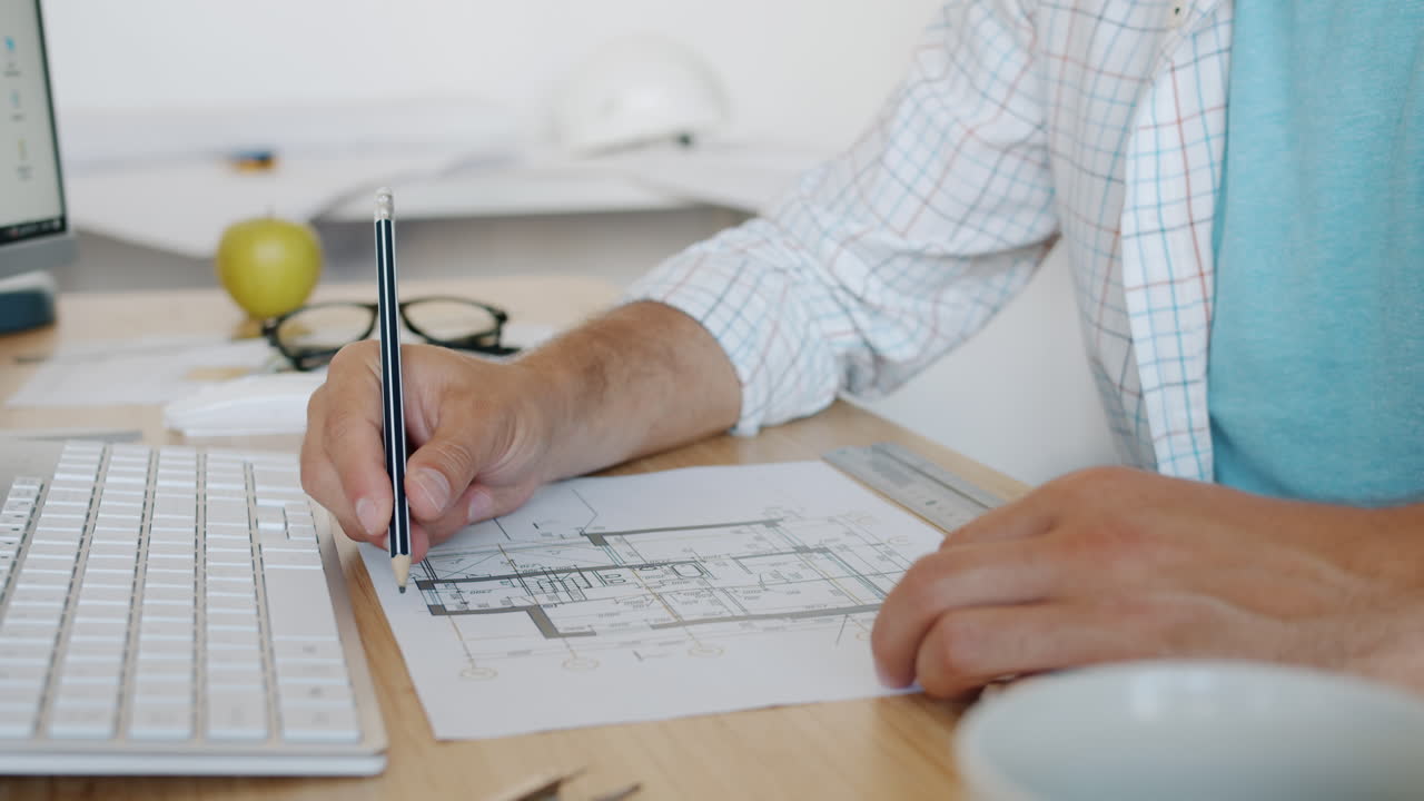 Architect working on blueprints