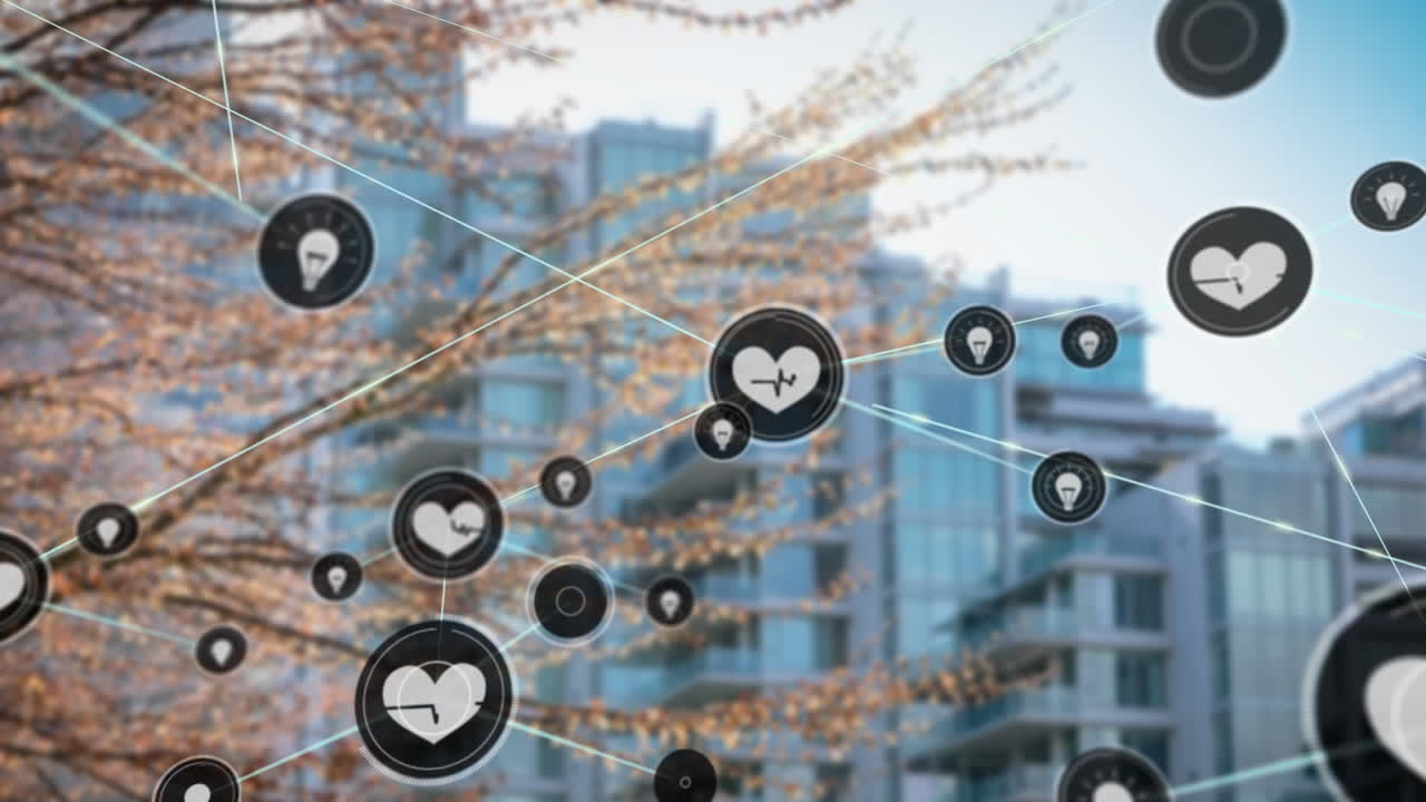도시 풍경 위에 심장 아이콘으로 연결된 네트워크의 애니메이션