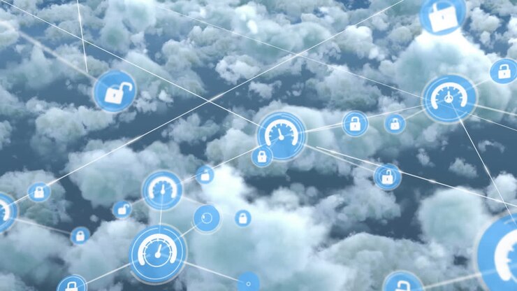 Animation of network of connections with icons over clouds