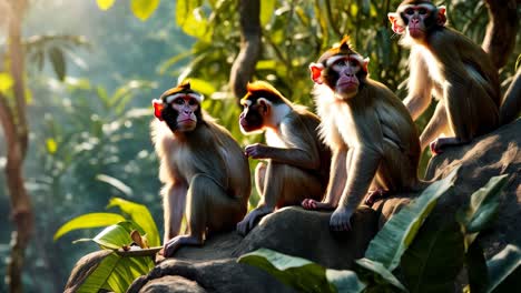 a group of monkeys sitting on top of a rock