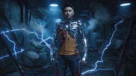 a futuristic cyborg woman stands amidst electrical lightning in a dark, industrial environment