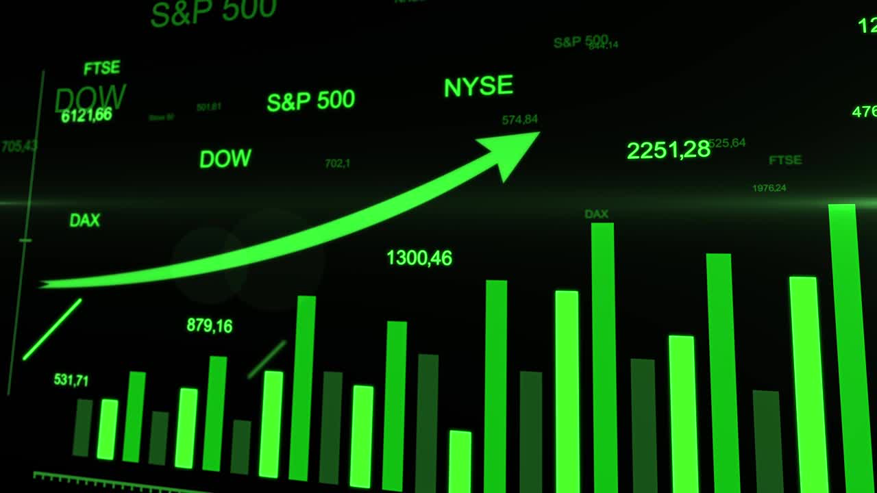 Trading di futures azionari. Freccia verde futuristica in rapida crescita sui grafici finanziari.