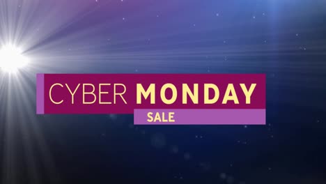 Animación-Del-Texto-De-Venta-Del-Cyber-Monday-En-Una-Pancarta-Morada-Sobre-Una-Luz-Brillante-Sobre-Un-Fondo-Azul-Oscuro