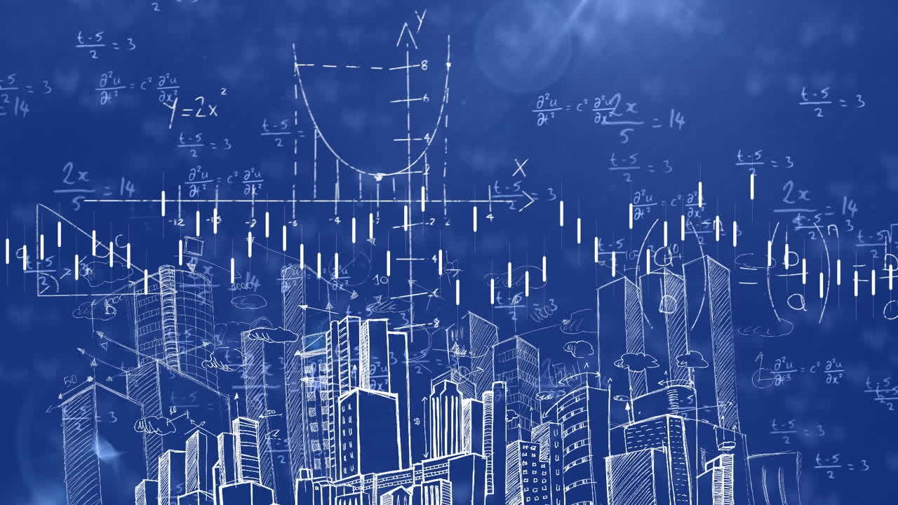 도시 풍경 위의 금융 데이터 처리 및 수학 방정식의 애니메이션