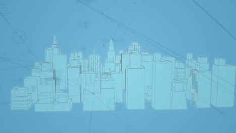 Animation-of-network-of-connections-and-data-processing-over-city-on-blue-background