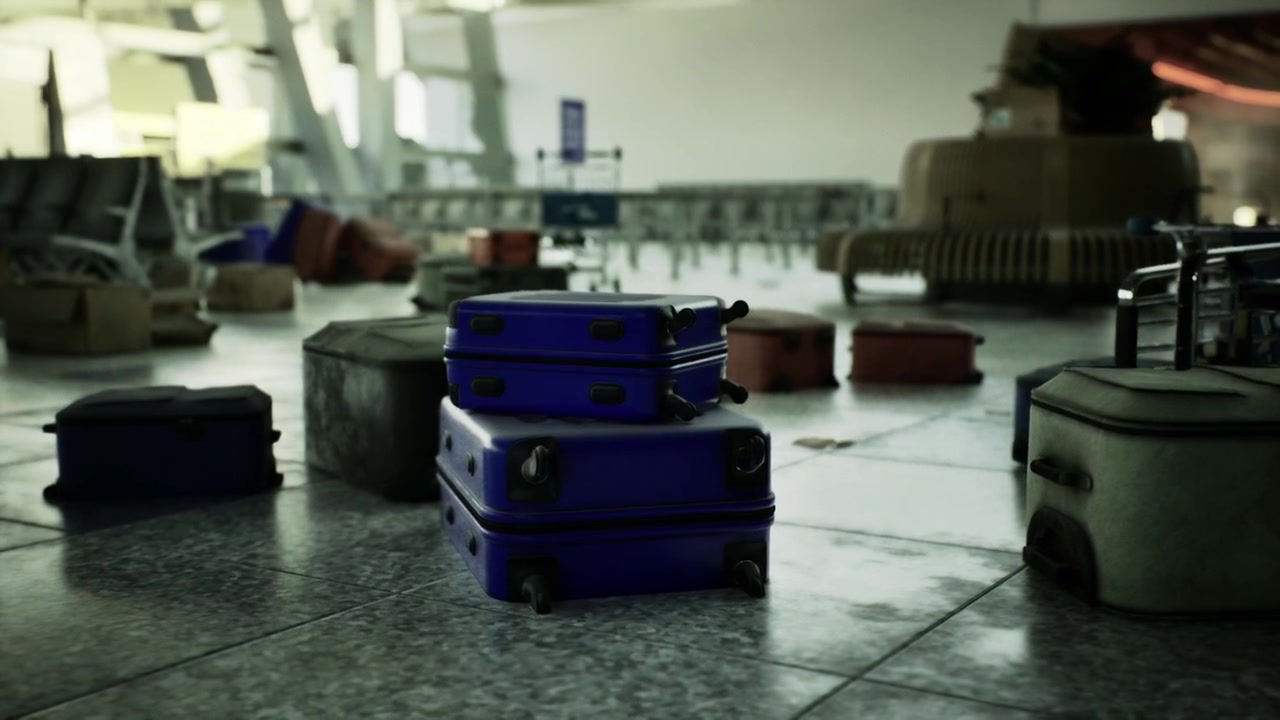 Malas azuis desacompanhadas jazem em um saguão de aeroporto vazio, refletindo o estado de espírito.