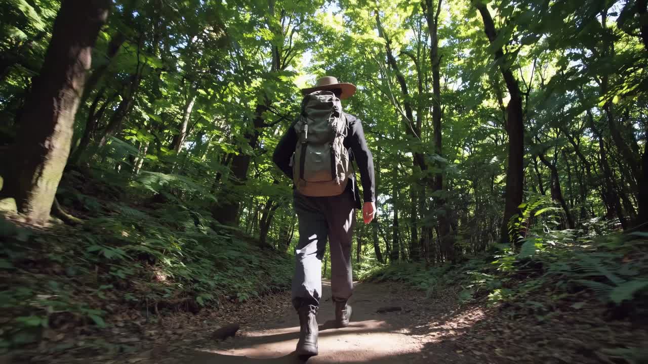 Video dinamico con inquadratura dal basso di un escursionista con uno zaino che cammina attraverso una foresta lussureggiante e illuminata dal sole.