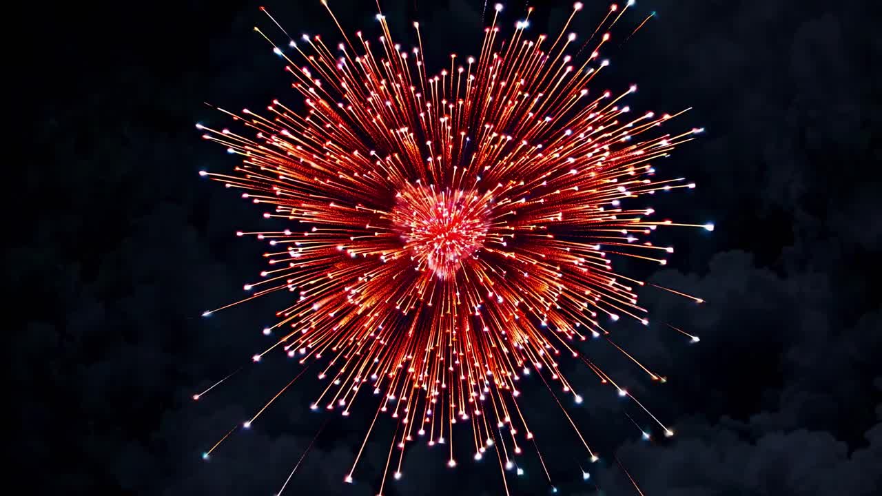 Aerial view of vibrant fireworks exploding against a dark sky, captured in a dynamic video style