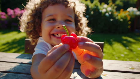 child eating cherries in the garden
