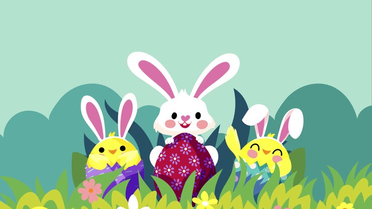 Cute Easter Bunnies and Chicks with Eggs