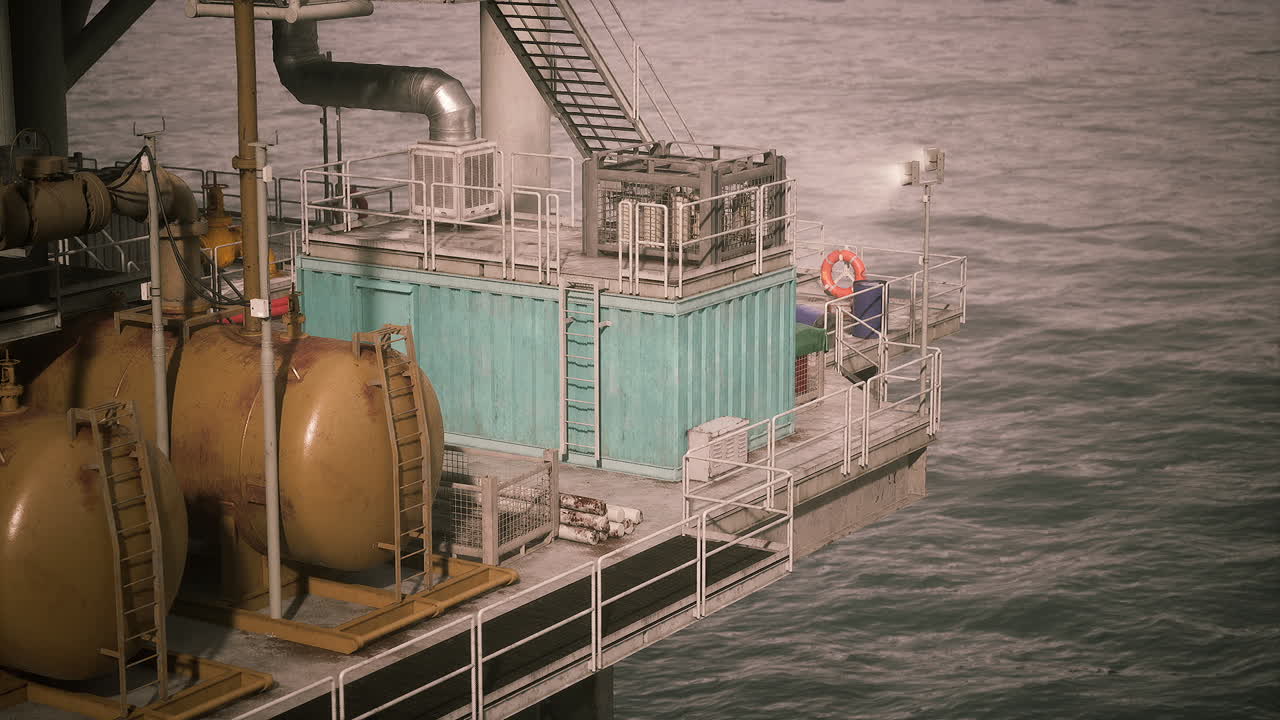 Olieplatform med udstyr og arbejdsområde over havet