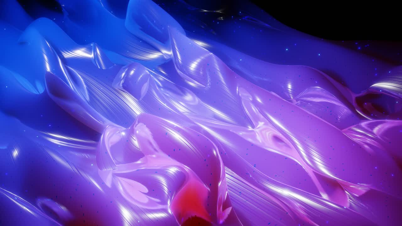 Superficie 3D astratta con bellissime onde, scintille luminose e sfumatura di colore brillante blu viola. Le onde scorrono su una superficie molto lucida e brillante con glitter luminosi. Animazione in loop 4K.
