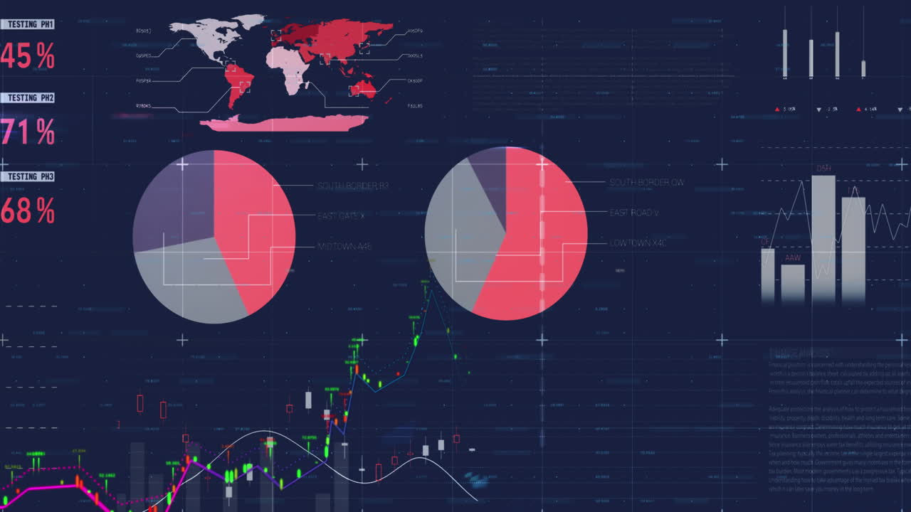 Animation of financial and statistical data processing against blue background