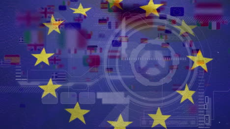 animation of flag of eu over data processing and national flags