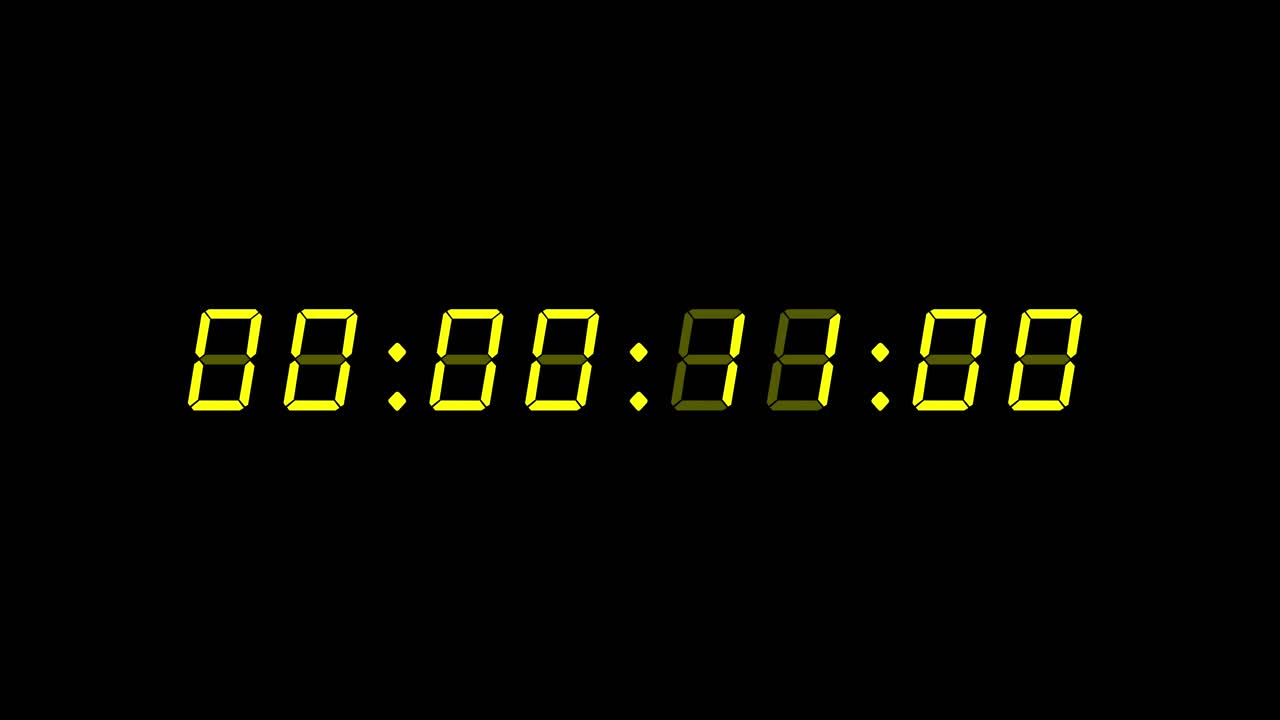 8-digits digital clock count up timer with yellow digits on black background. 60 seconds (1 minute) Retro digital alarm clock