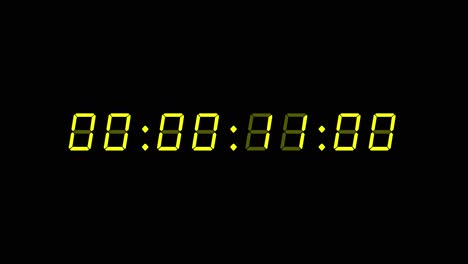8-digits digital clock count up timer with yellow digits on black background. 60 seconds (1 minute) retro digital alarm clock