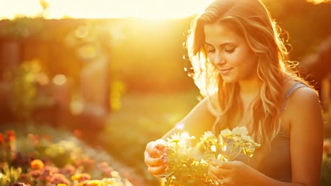 woman tending to vibrant flowers in a sunlit garden during evening hours