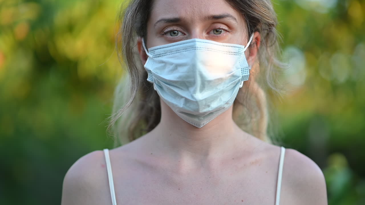 Close up of a young woman wearing a protective medical mask outdoors in soft natural light