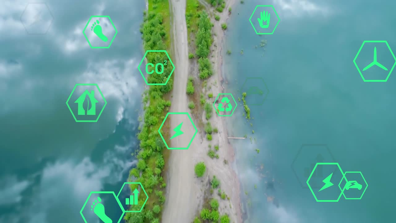 Icone esagonali che emergono sopra una stretta lingua di terra costiera dopo la comparsa di una traccia, visualizzando i dati ambientali
