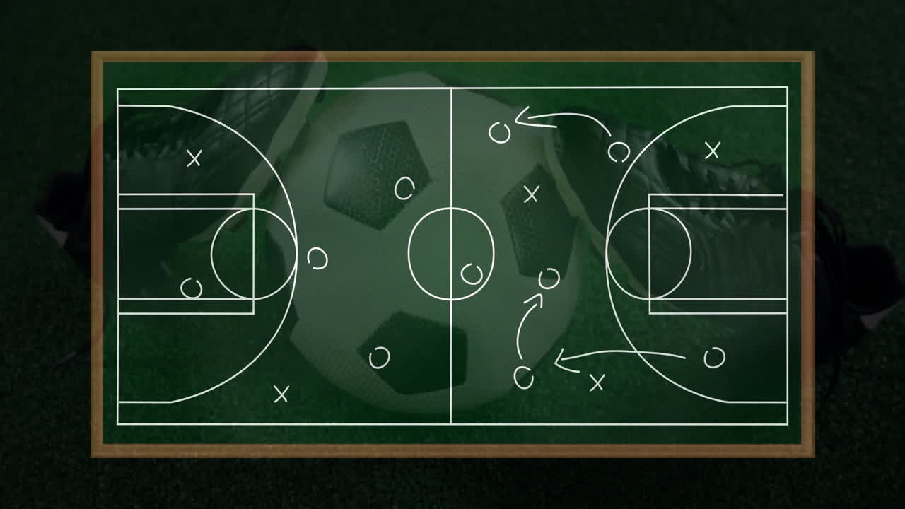 Soccer strategy animation over chalkboard with field and player movements