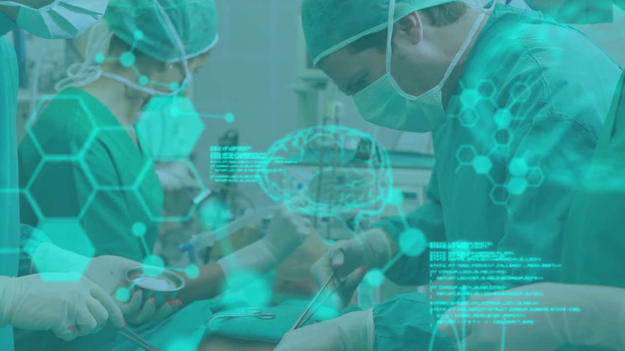 수술실에서 환자를 수술하는 외과의사에 대한 뇌 스캔과 의료 데이터 처리 애니메이션