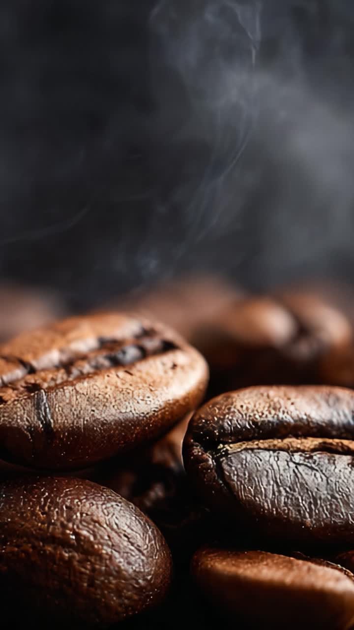Et nærbillede af blanke kaffebønner med delikat røg, der stiger op, og indfanger den aromatiske essens og rige tekstur af friskristet kaffe i fantastiske detaljer