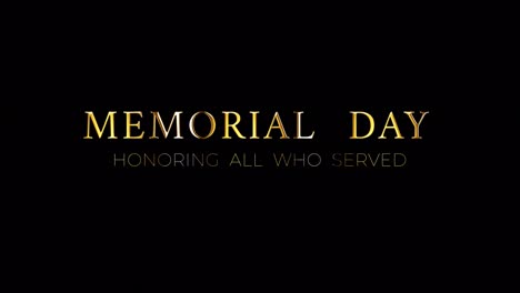 4k 3d memorial day golden word title. 3d illustration of isolated word isolated using quicktime alpha channel prores 4444 with golden light loop. memorial day gold text looping effect element concept.