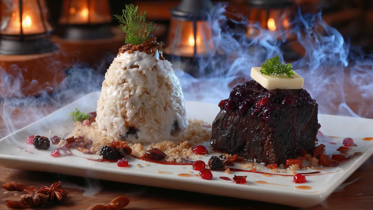 A Captivating Platter of Culinary Delights Featuring a Succulent Steak and Fluffy Rice, Garnished with Rich Sauces and Herbs Under Soft Ambient Lighting