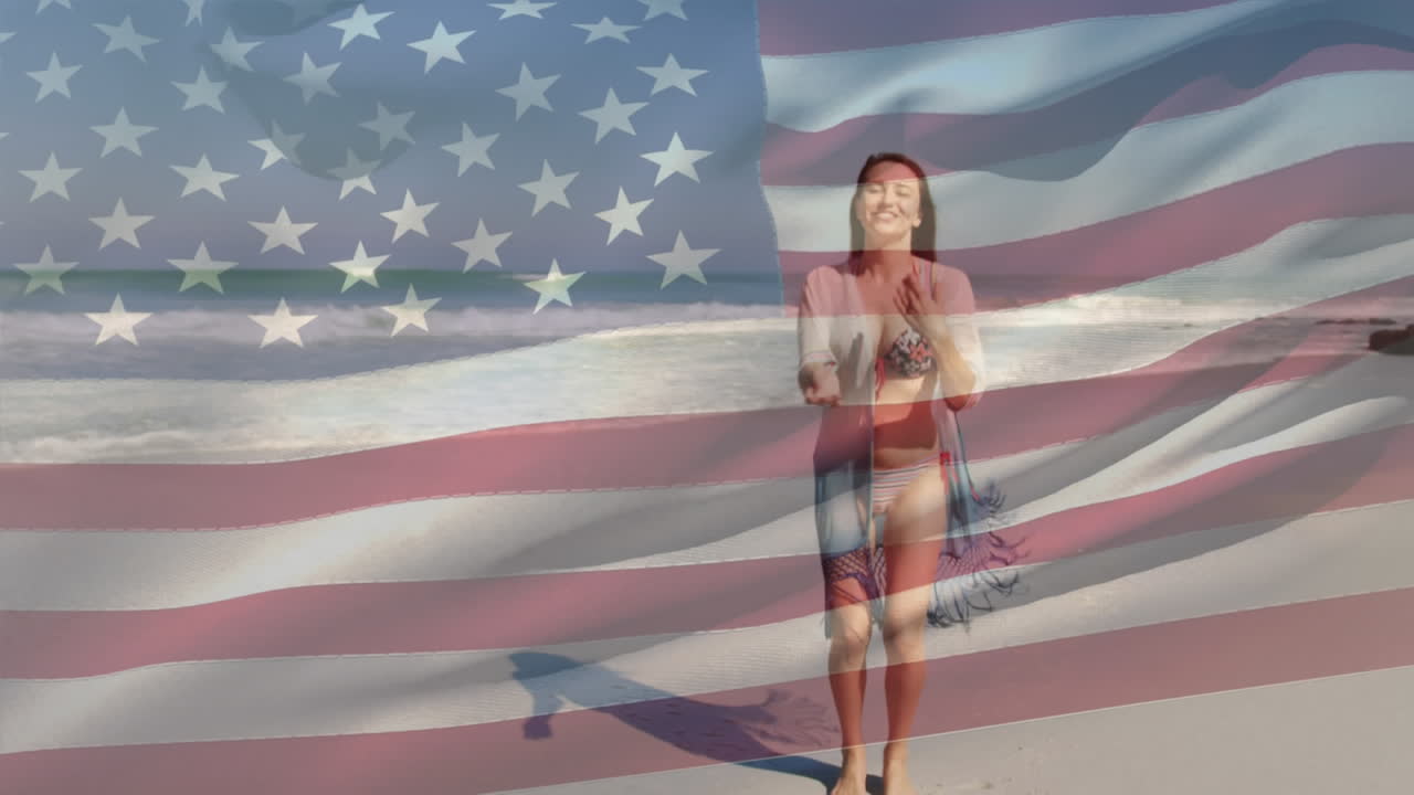 해변에 있는 해변에서 춤을 추는 행복한 여성 위에 흔들리는 미국 발의 애니메이션