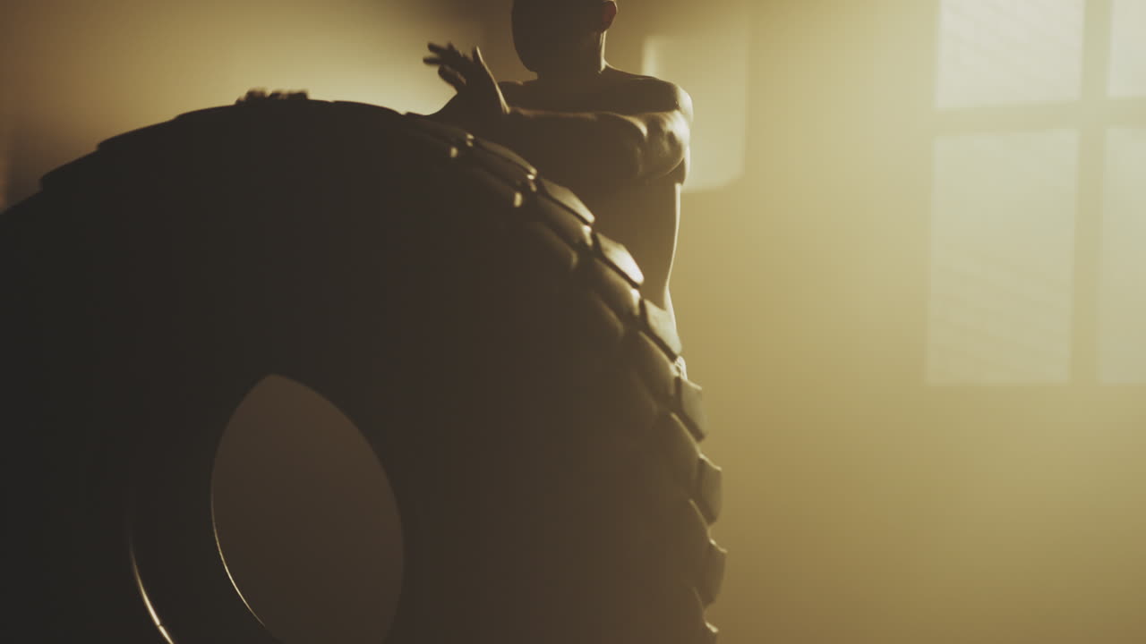 Man working out with tire in gym