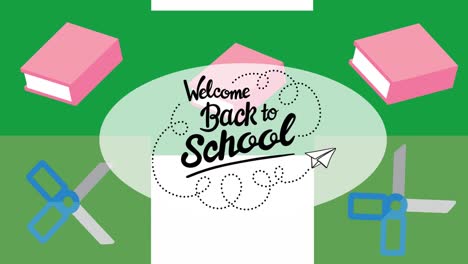 animation of back to school text with school items icons on green squares