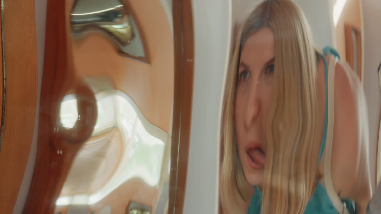 Specchio distorto, sorpresa durante una visita al parco nel fine settimana, donna bionda reagisce con espressioni esagerate esplorando una mostra della casa degli specchi, sbirciando nel vetro deformato e posando per una foto spontanea, intenso divertimento e shock.