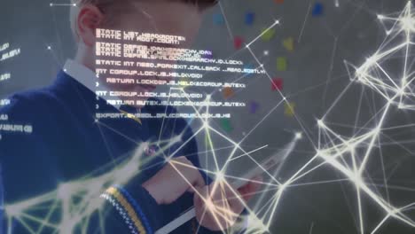 video compuesto digital de la red de conexiones y procesamiento de datos contra el niño caucásico usando di