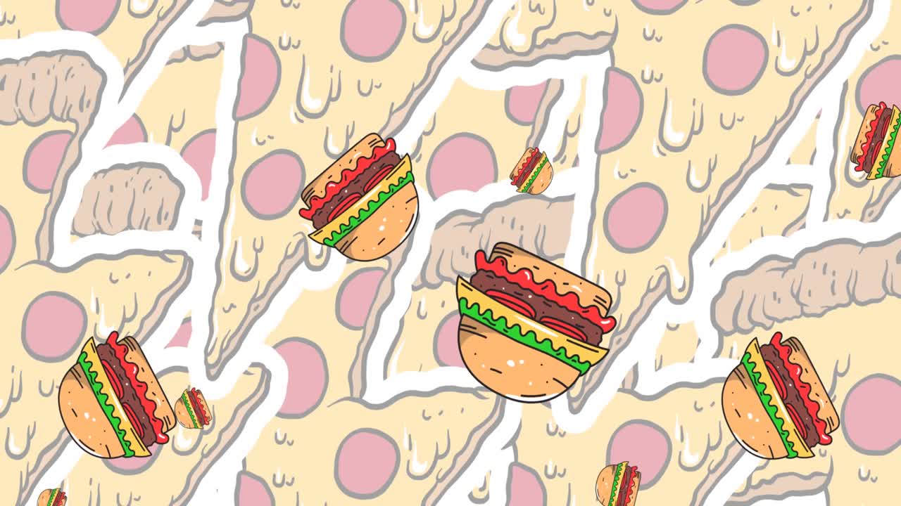 animación de iconos de hamburguesas y pizza sobre un fondo blanco