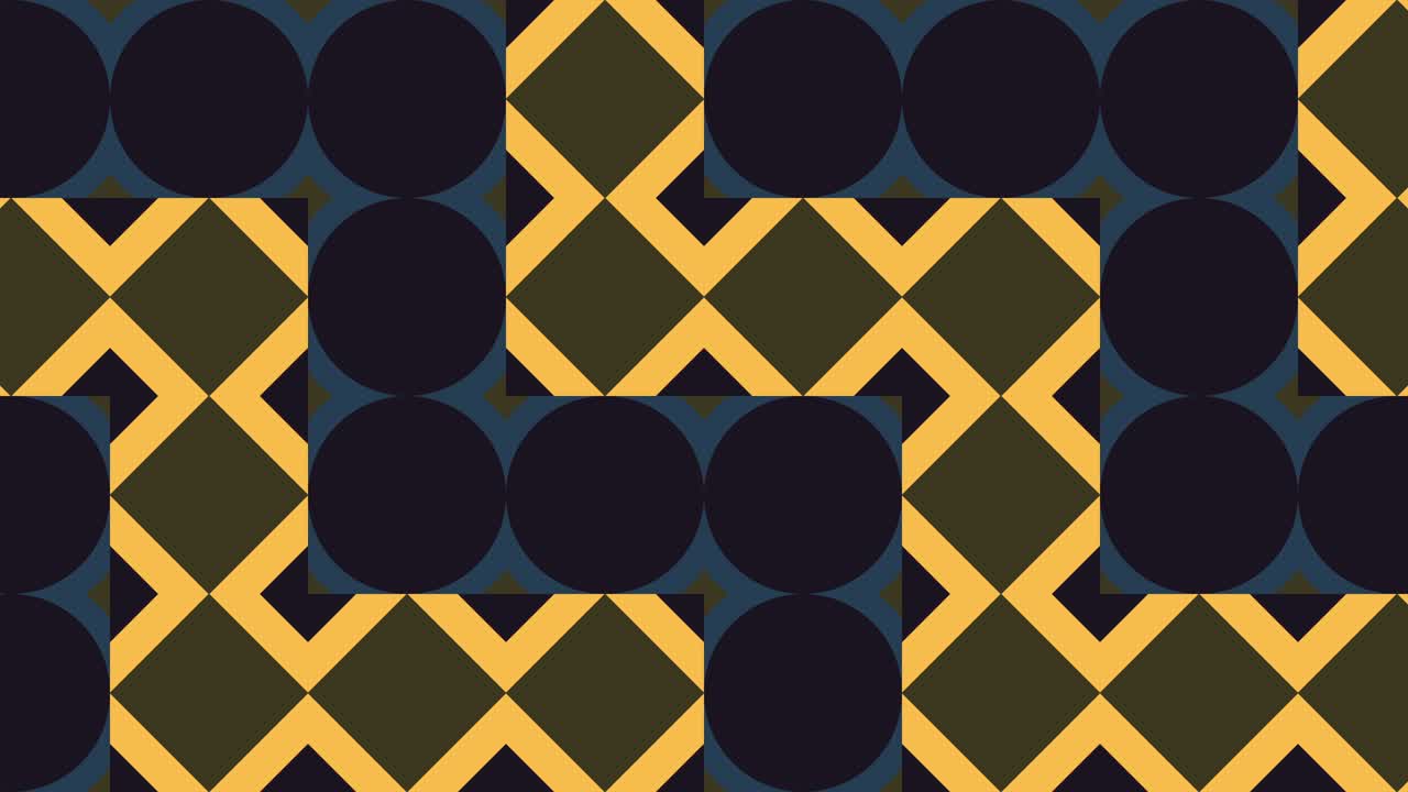 A retro mosaic with geometric dynamic tiles in a warm color palette. A seamless loop motion graphic animation in a classic flat style