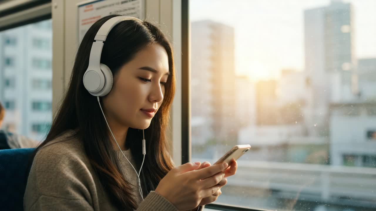 A young woman enjoys her commute while listening to music and using her smartphone, immersed in the tranquil atmosphere of the city through the train window