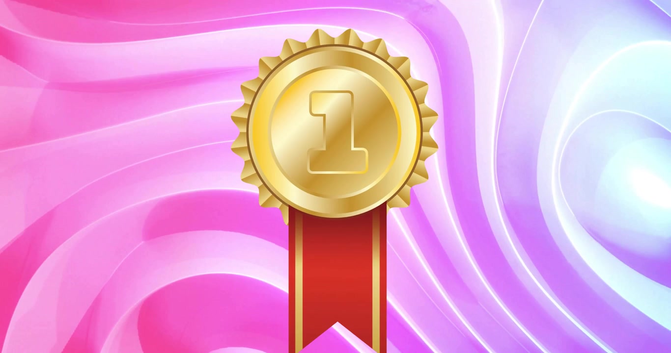 Animazione di una medaglia d'oro con il numero 1 e un nastro rosso su uno sfondo rosa con contorni in movimento.