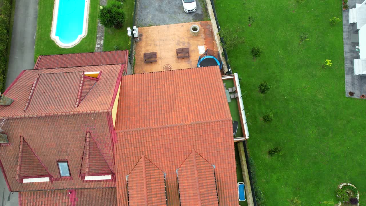 Aerial View of a House with Swimming Pool and Garden