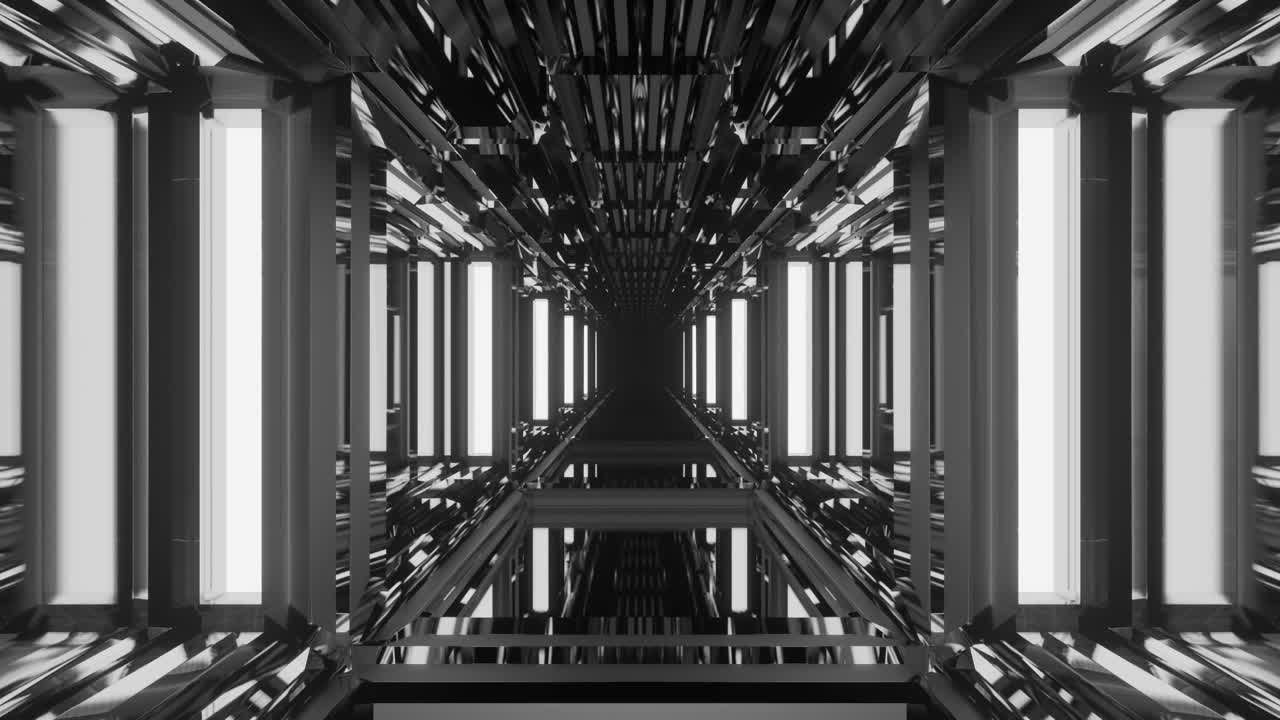 animación de movimiento a través de un sótano blanco y negro oscuro altamente reflectante