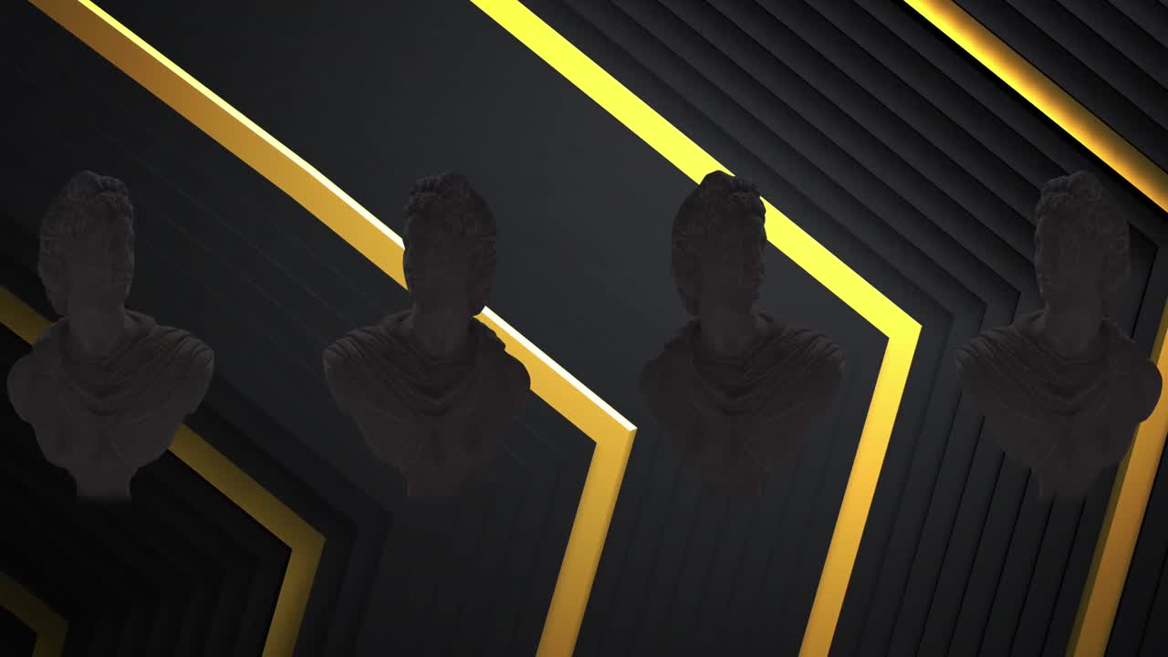 Animation of dark classical sculpture busts moving over yellow chevrons on black background