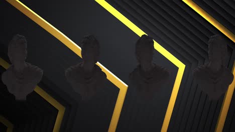 animation of dark classical sculpture busts moving over yellow chevrons on black background