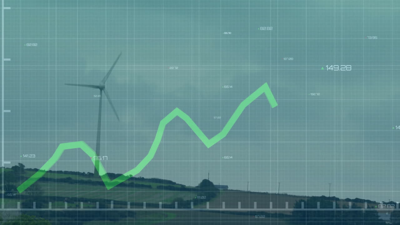 Wind turbine generating power over hills, with green line chart and teal grid overlay