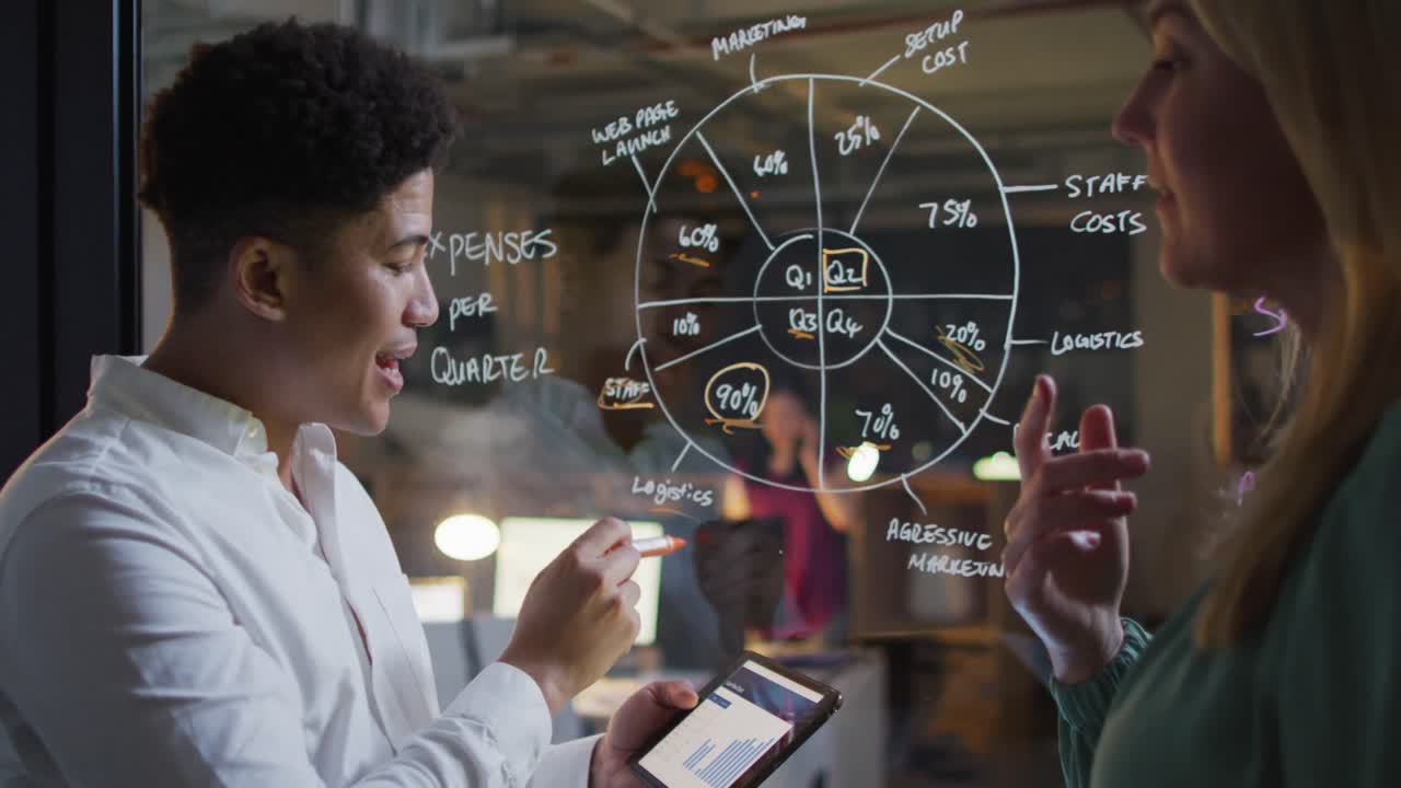 Video of diverse female and male coworkers brainstorming, working late in office