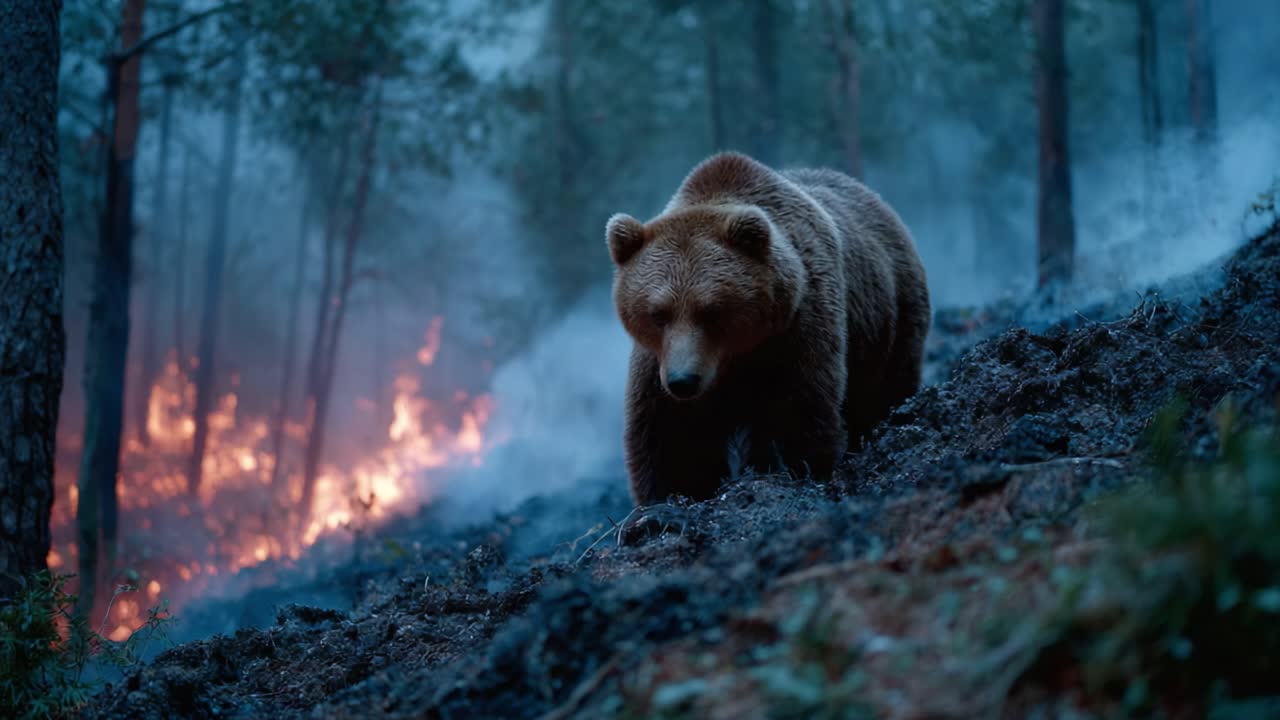 A Wild Bear Navigates Through Smoky Forest Fire Aftermath, Captured in Two Dramatic Frames Revealing Its Resilience in Nature's Struggles and Challenges