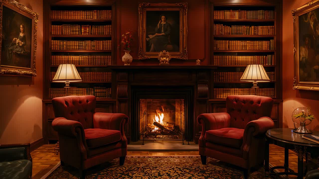 Fiamme tremolanti del camino che proiettano un bagliore caldo su sedie rosse accanto a scaffali in biblioteca, creando un'atmosfera accogliente