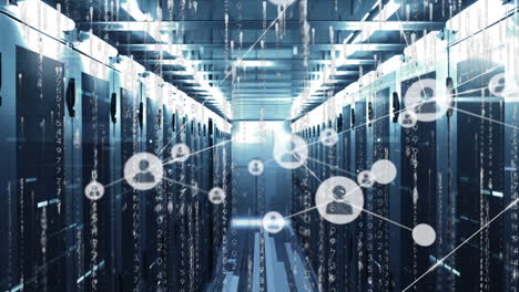 animation of network of profile icons, mosaic squares and binary coding against computer server room