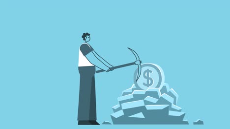 hombre plano con minas de pico un dólar en una mina. diseño plano personaje de dibujos animados ciclo aislado animación 2d con canal alfa