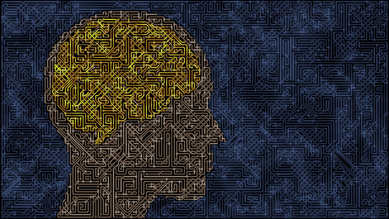 human head crafted from circuit board patterns, advanced AI and insightful thought, digital brain and deep learning, loopable animation